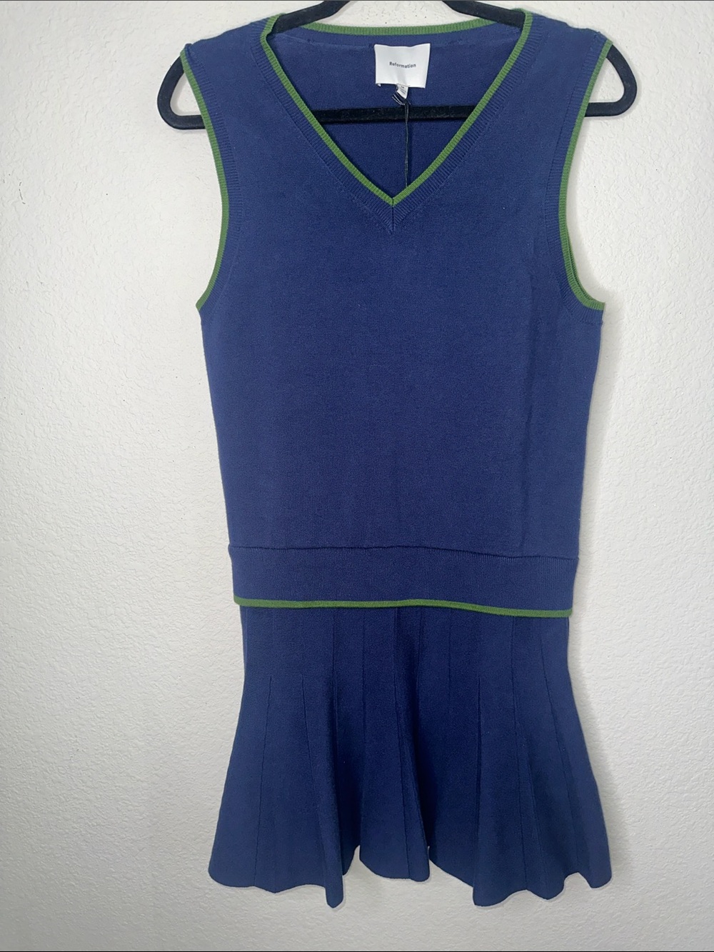 Reformation Navy Knit Sleeveless Mini Dress with Green Trim